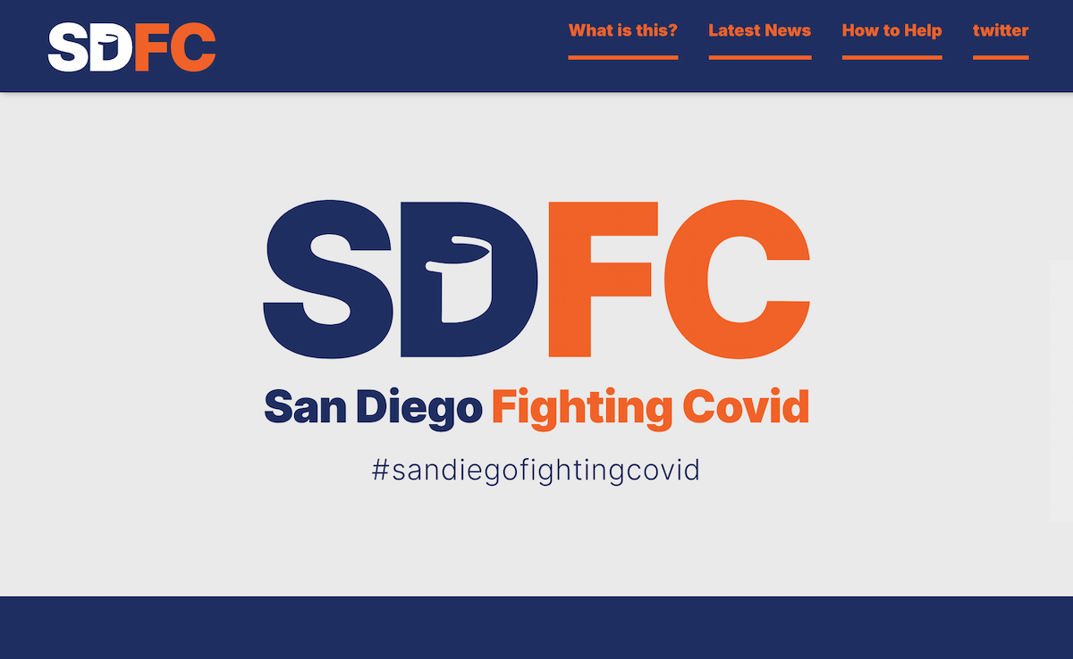 A screen grab of the SDFC website hero. Blue, grey and orange colors saying: SDFC San Diego Fighting Covid